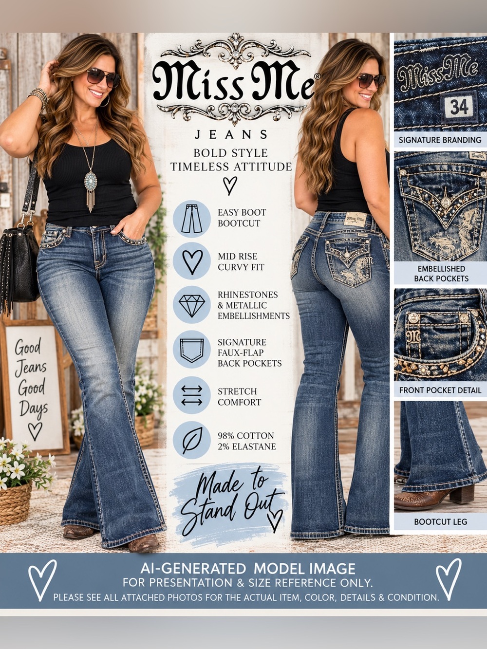 Miss Me Easy Boot Embellished Bootcut Jeans VTG 76 Size 34